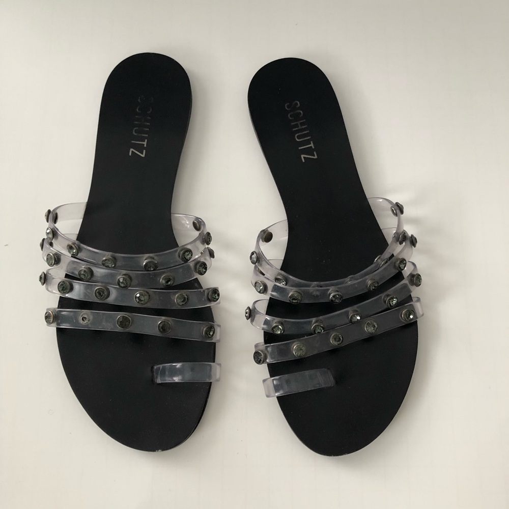 Schutz black flats with plastic dark green rhinestones (BRA sz 35 / EUR sz 37)